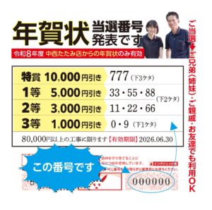 お年玉付き年賀はがき当選番号中西たたみ店